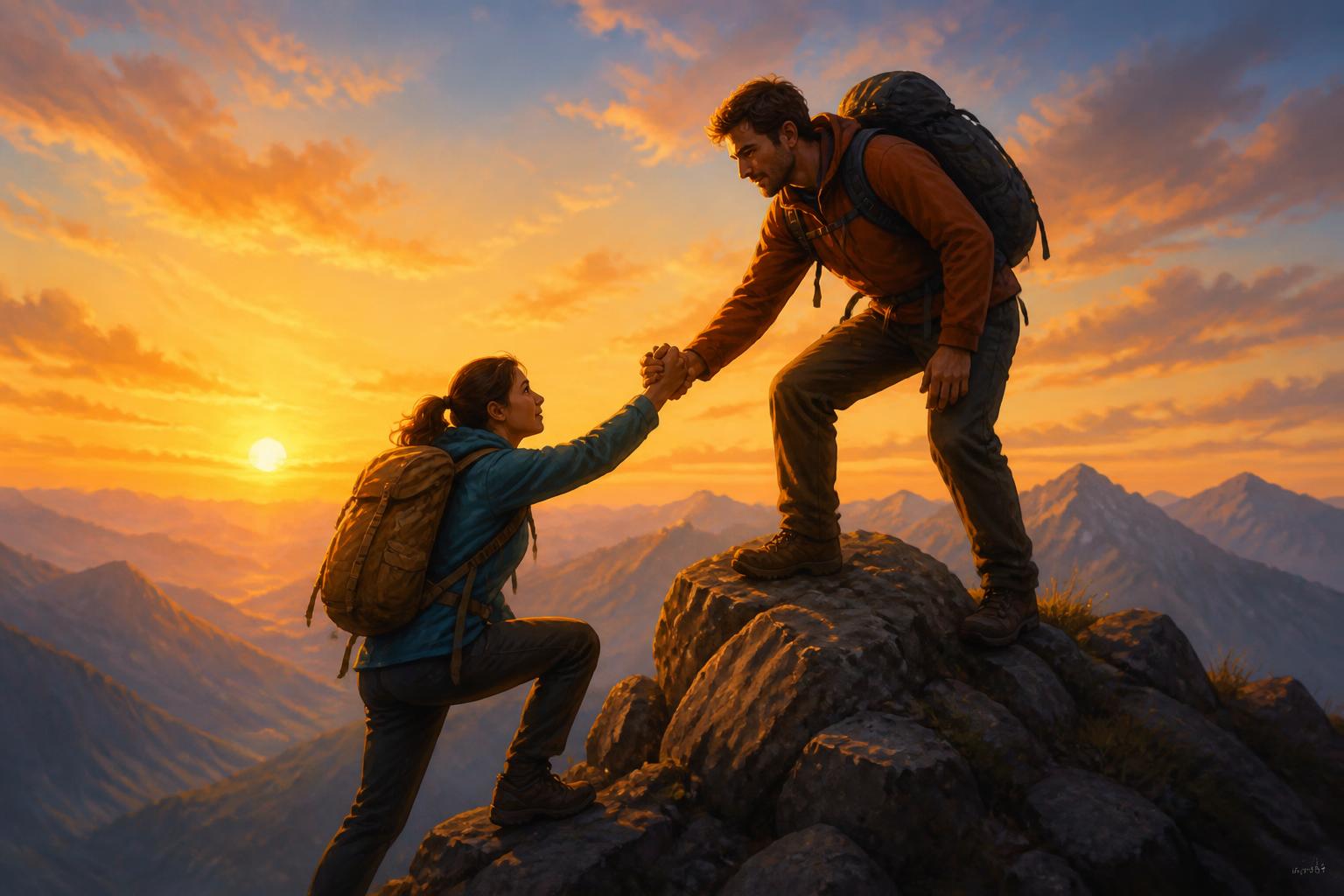 Two hikers at sunrise — one reaching down to help the other up the final rock.