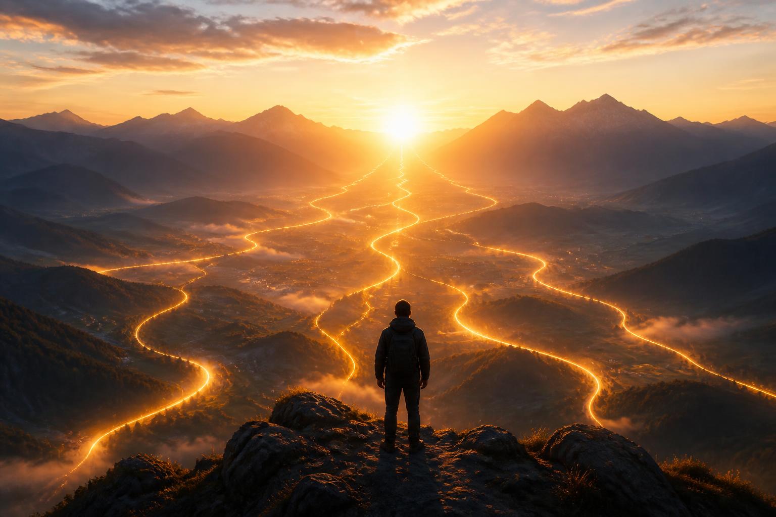 A traveller on a mountain overlook at sunrise — many glowing paths through the valley converge into a single point of light on the horizon.